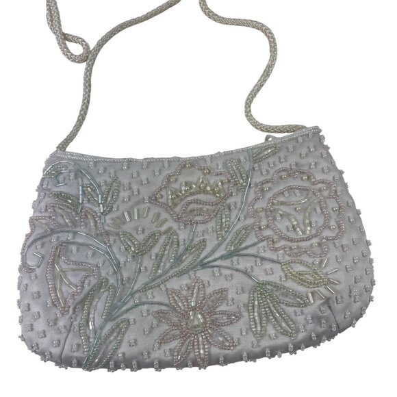 Vintage White Beaded Evening Bag With Floral Embroidery & Rope Strap - Picture 4 of 13